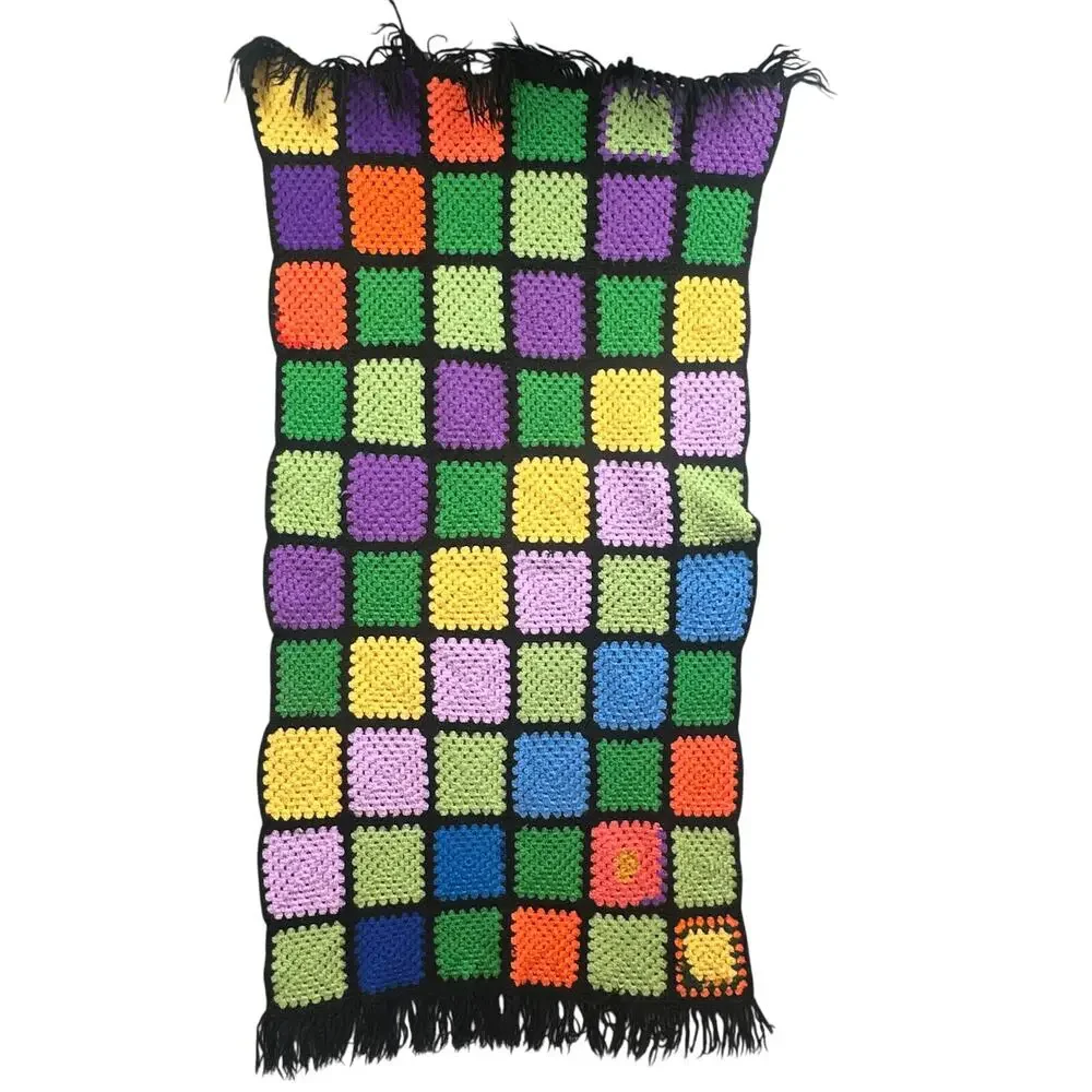 VTG Handmade Afghan Throw Blanket Roseanne Boho Fringe Black 73x35 OOAK Hippie
